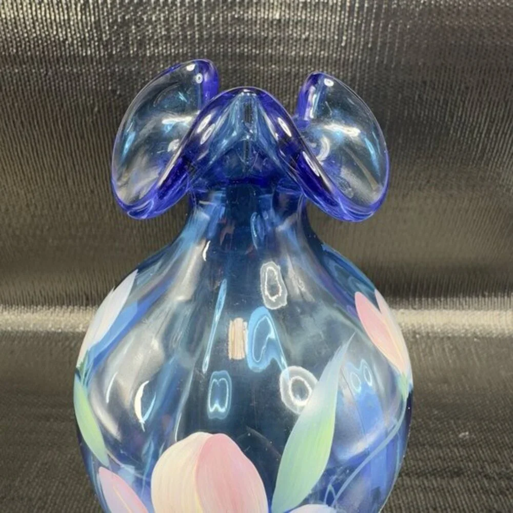 Vintage Fenton Art Glass Vase‎ Vessel Blue Hand Painted Flowers W Sticker Vase